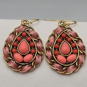 Pink Thread & Coral Accents Stone Dangle Earrings Bronze Tone Hooks